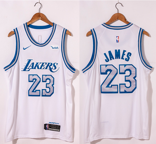 Men's Los Angeles Lakers #23 LeBron James White City Edition New Blue Silver Logo 2020-21 Stitched Jersey